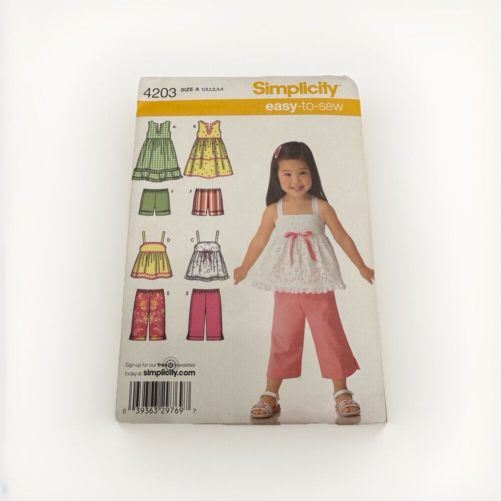 Simplicity 4203 Sewing Pattern Easy Toddlers Dresses Top Cropped Pants Shorts